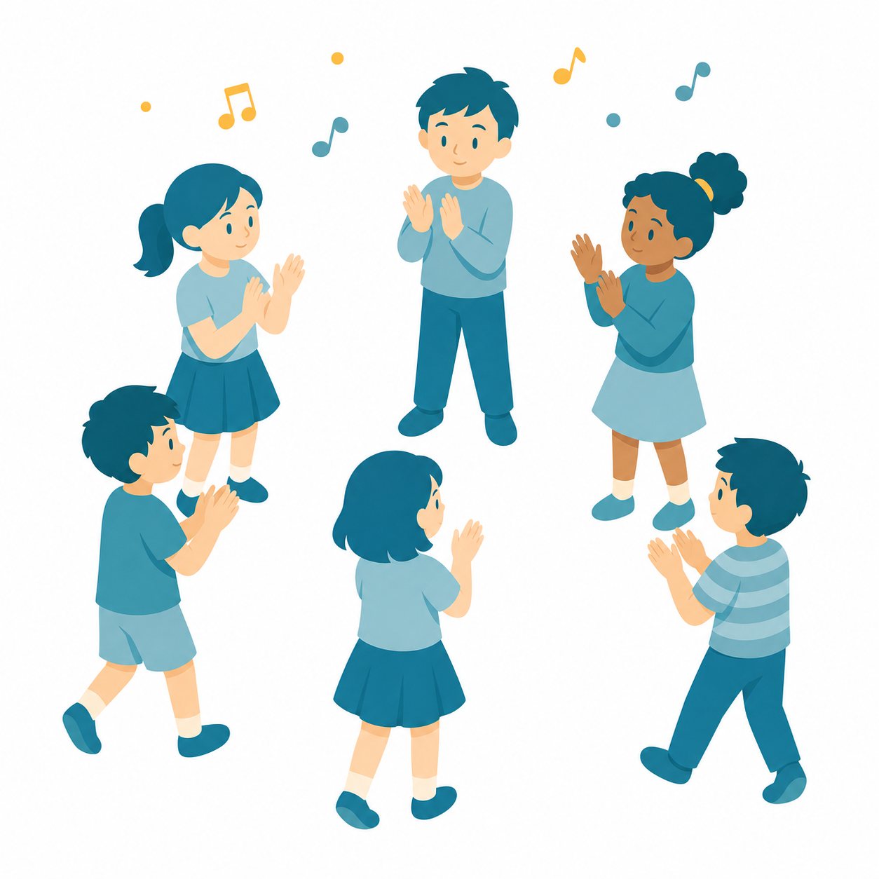 外国語・歌に合わせて手拍子。英語の歌に合わせて手拍子する子どもたちの輪のフラットイラスト。音符つき。