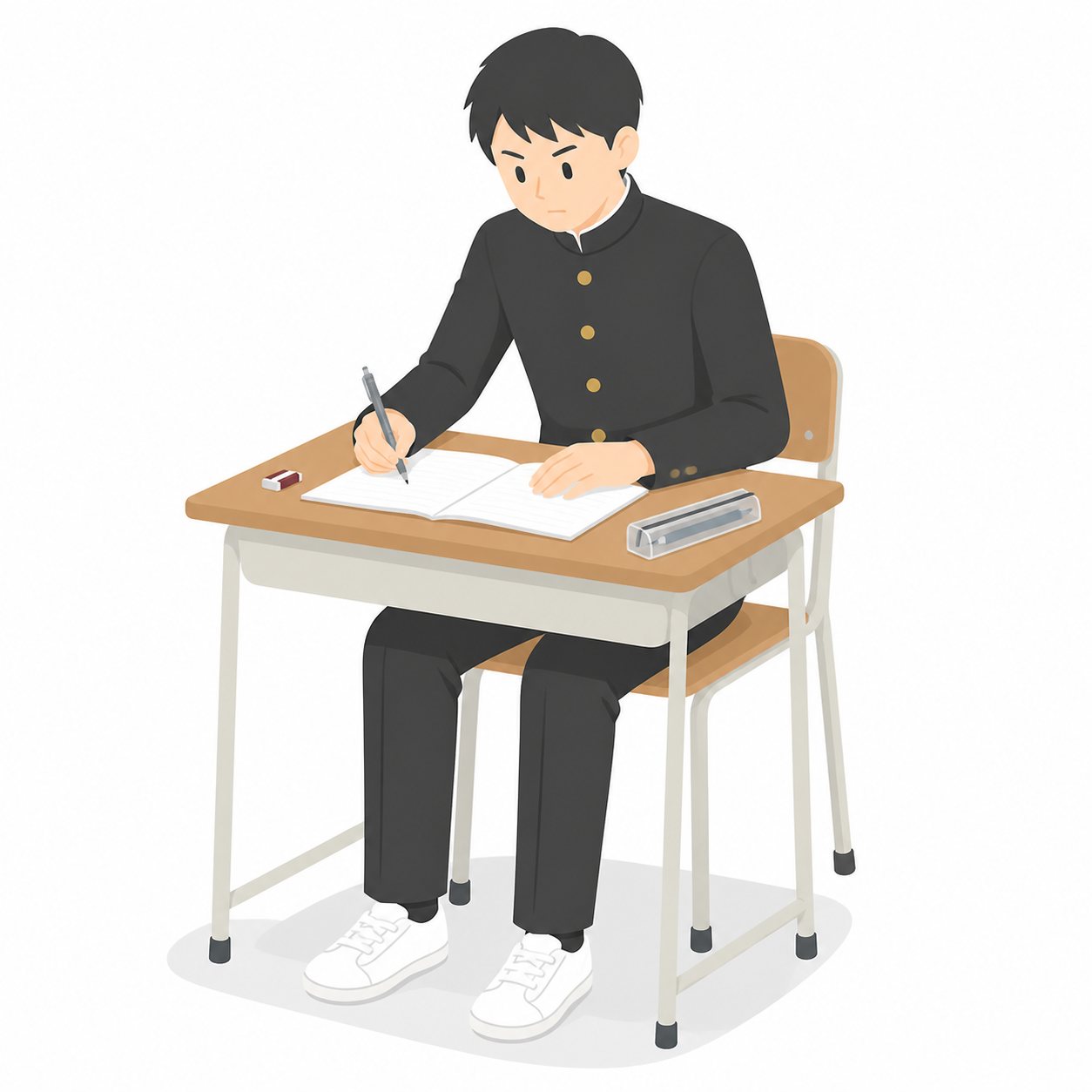 中学生・数学・ノートに計算する男子（学ラン）。机で計算問題に取り組む男子中学生（横向き）。輪郭線なしのフラットイラスト。制服は黒学ラン×紺セーラーのシリーズ共通デザインなので、同じシリーズの素材と組み合わせても同じ学校の場面になります。