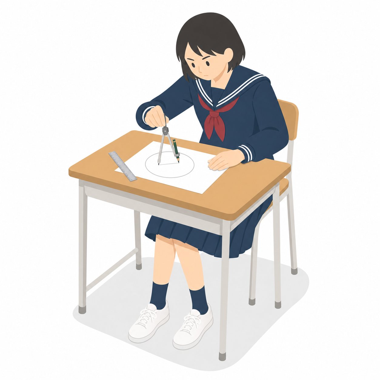 中学生・数学・コンパスで作図する女子（セーラー服）。コンパスで円をかく女子中学生。輪郭線なしのフラットイラスト。制服は黒学ラン×紺セーラーのシリーズ共通デザインなので、同じシリーズの素材と組み合わせても同じ学校の場面になります。