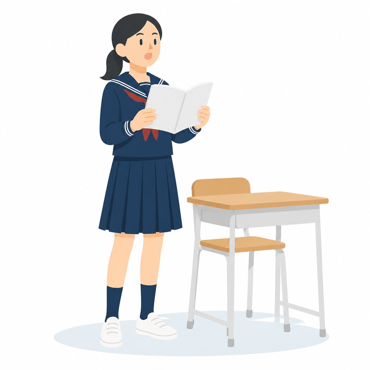 中学生・国語・音読する女子（セーラー服）。教科書を持って音読する女子中学生（立ち姿）。輪郭線なしのフラットイラスト。制服は黒学ラン×紺セーラーのシリーズ共通デザインなので、同じシリーズの素材と組み合わせても同じ学校の場面になります。