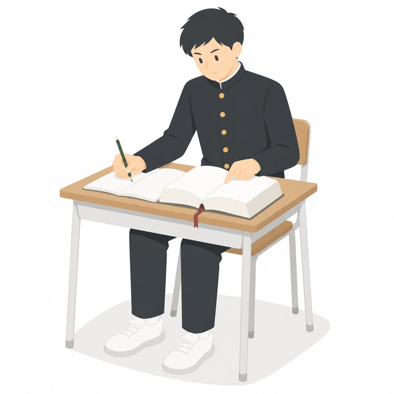 中学生・国語・辞書を引く男子（学ラン）。紙の辞書を引く男子中学生。輪郭線なしのフラットイラスト。制服は黒学ラン×紺セーラーのシリーズ共通デザインなので、同じシリーズの素材と組み合わせても同じ学校の場面になります。