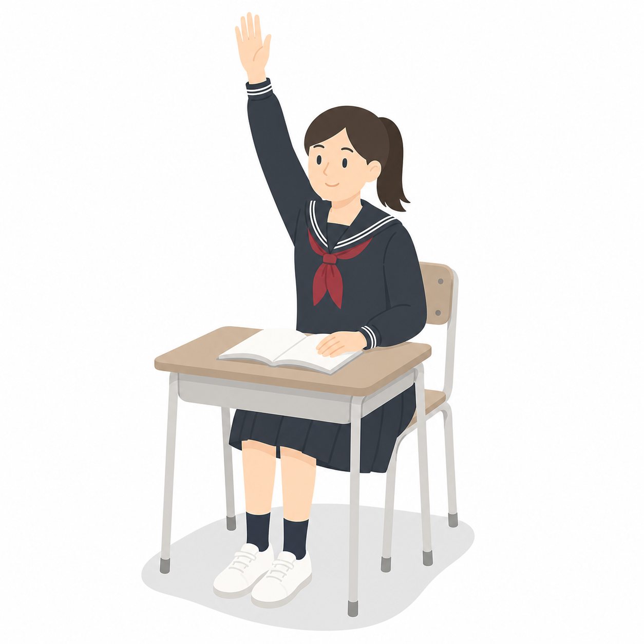 中学生・挙手する女子（セーラー服）。手を挙げて発言する女子中学生。輪郭線なしのフラットイラスト。制服は黒学ラン×紺セーラーのシリーズ共通デザインなので、同じシリーズの素材と組み合わせても同じ学校の場面になります。