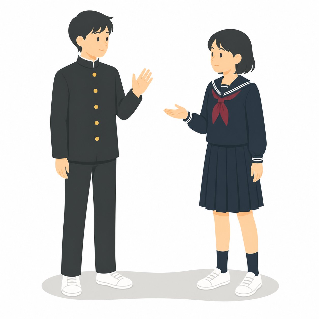 中学生・英語・ペアで会話練習（学ラン・セーラー服）。向かい合って会話練習する男女。輪郭線なしのフラットイラスト。制服は黒学ラン×紺セーラーのシリーズ共通デザインなので、同じシリーズの素材と組み合わせても同じ学校の場面になります。