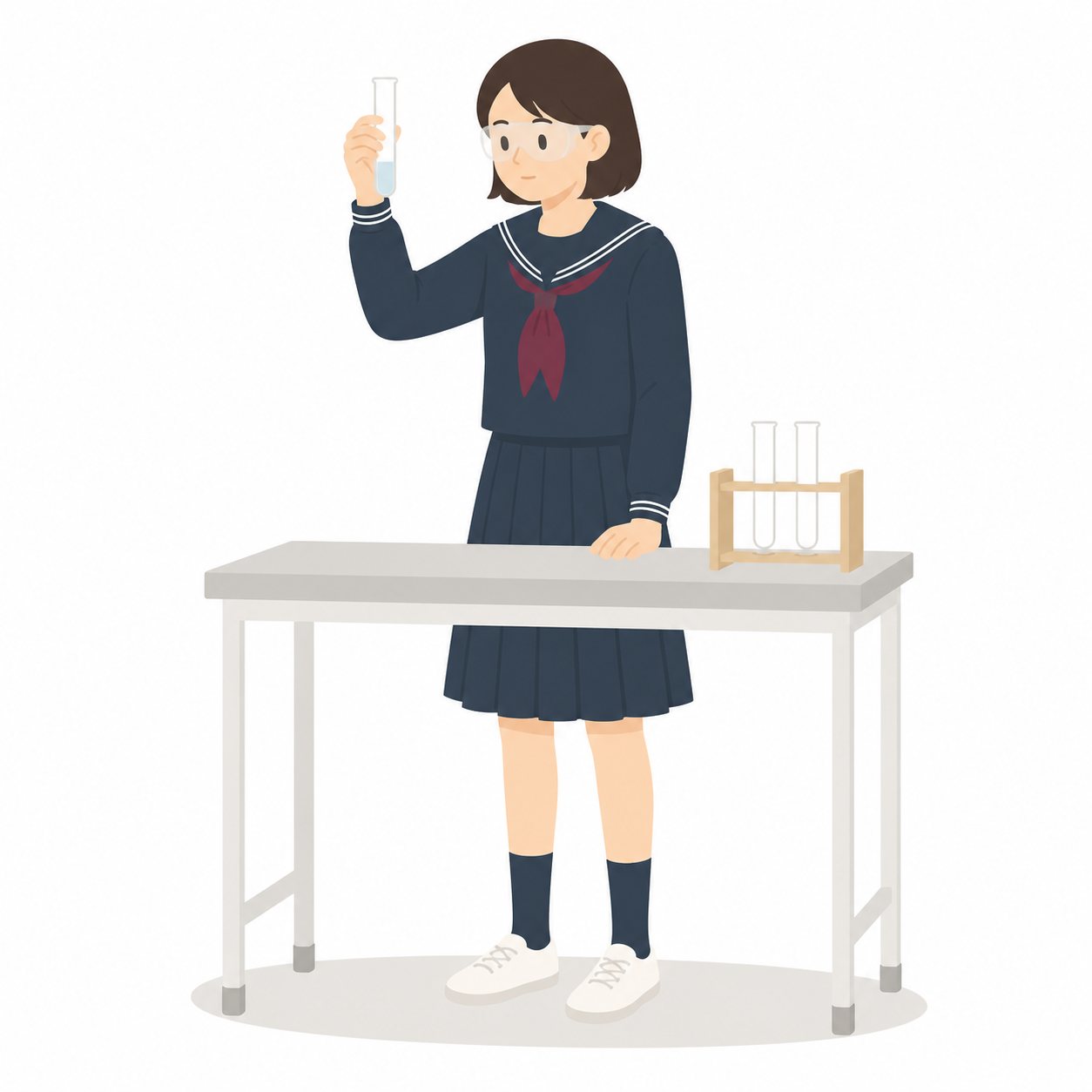 中学生・理科・試験管を観察する女子（セーラー服）。試験管を持って観察する女子中学生（保護メガネ）。輪郭線なしのフラットイラスト。制服は黒学ラン×紺セーラーのシリーズ共通デザインなので、同じシリーズの素材と組み合わせても同じ学校の場面になります。