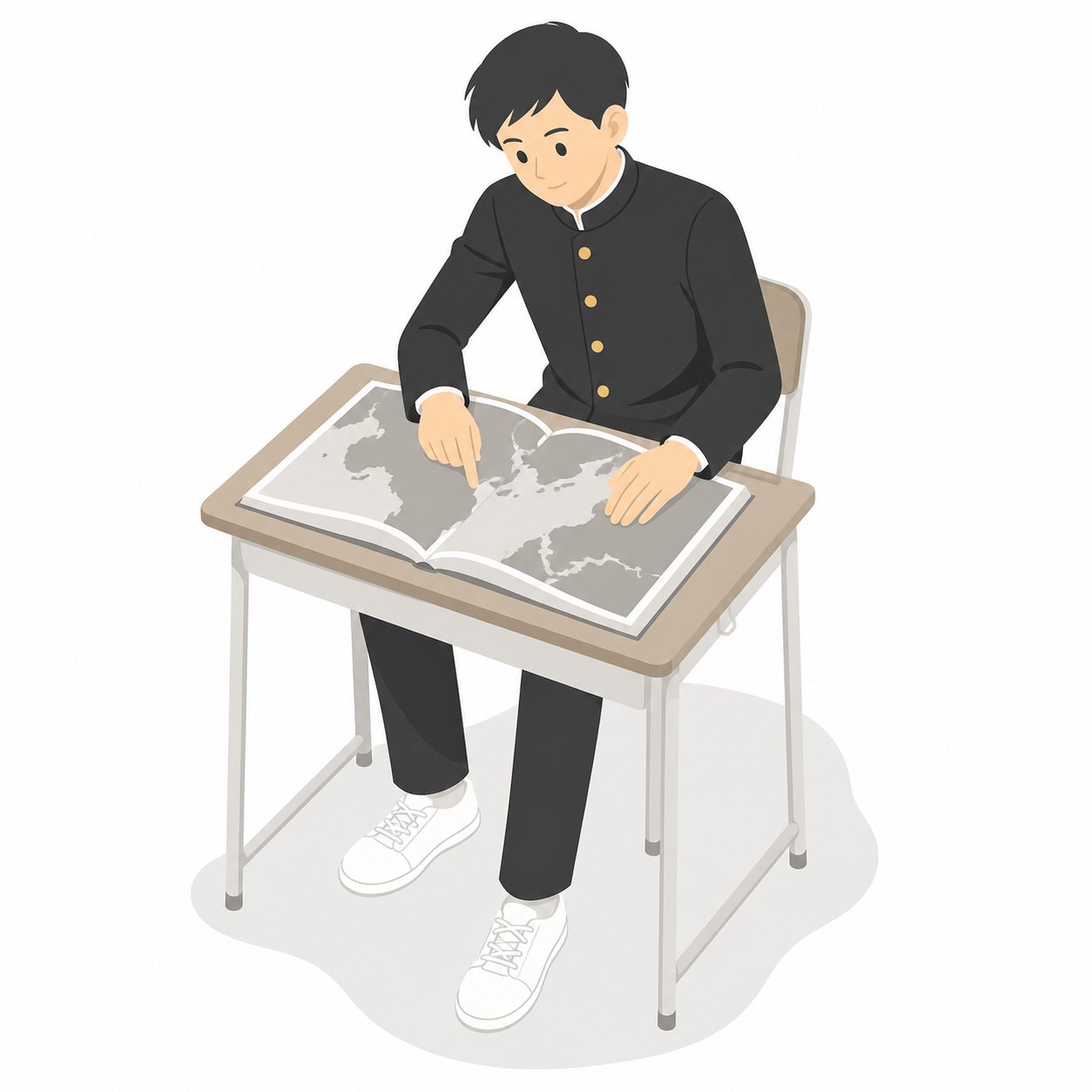 中学生・社会・地図帳を調べる男子(学ラン)。地図帳で調べる男子中学生。輪郭線なしのフラットイラスト。制服は黒学ラン×紺セーラーのシリーズ共通デザインなので、同じシリーズの素材と組み合わせても同じ学校の場面になります。