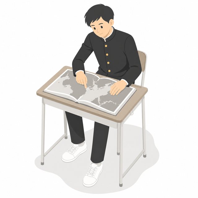 中学生・社会・地図帳を調べる男子（学ラン）
