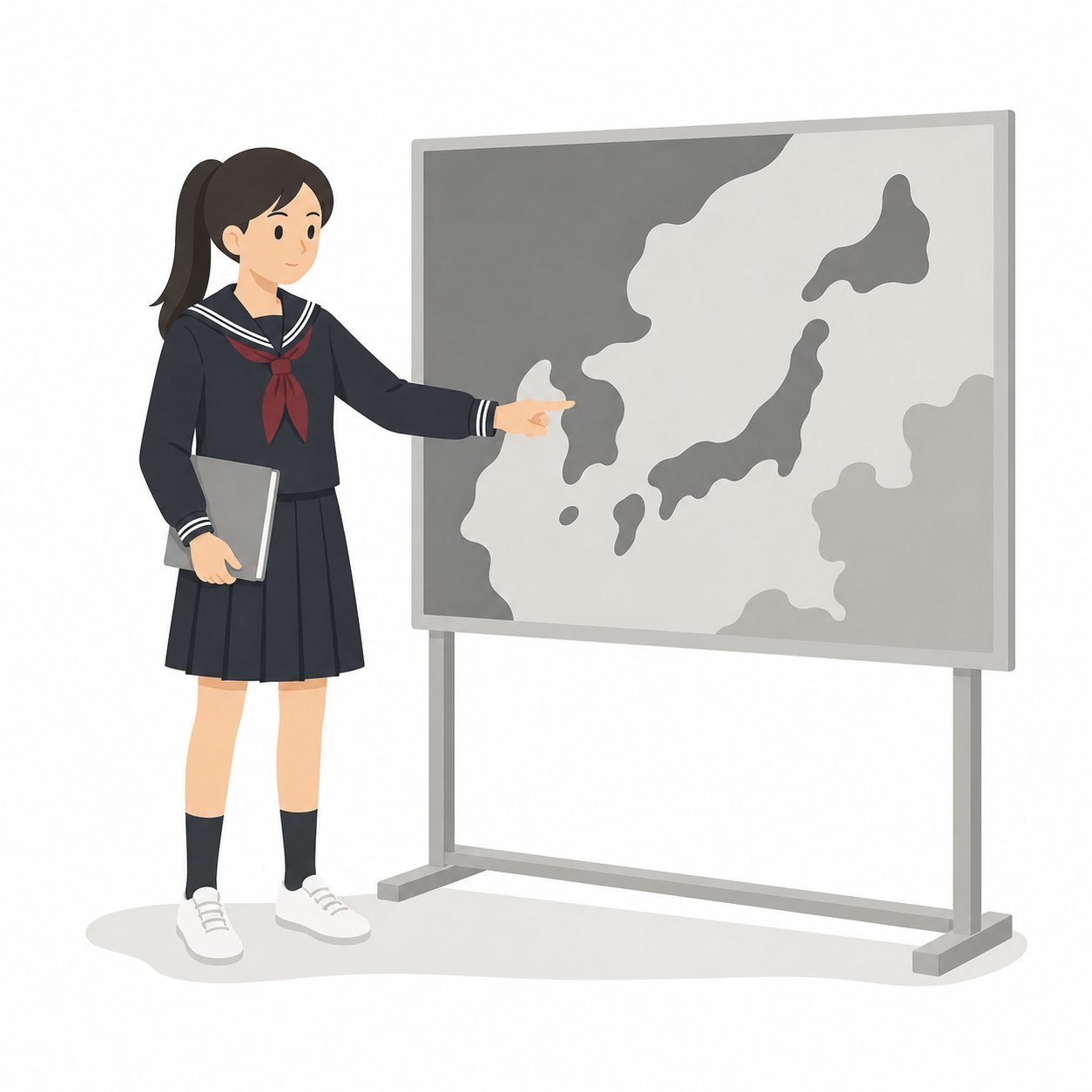 中学生・社会・掲示地図を指さす女子（セーラー服）。壁の地図を指さして説明する女子中学生。輪郭線なしのフラットイラスト。制服は黒学ラン×紺セーラーのシリーズ共通デザインなので、同じシリーズの素材と組み合わせても同じ学校の場面になります。