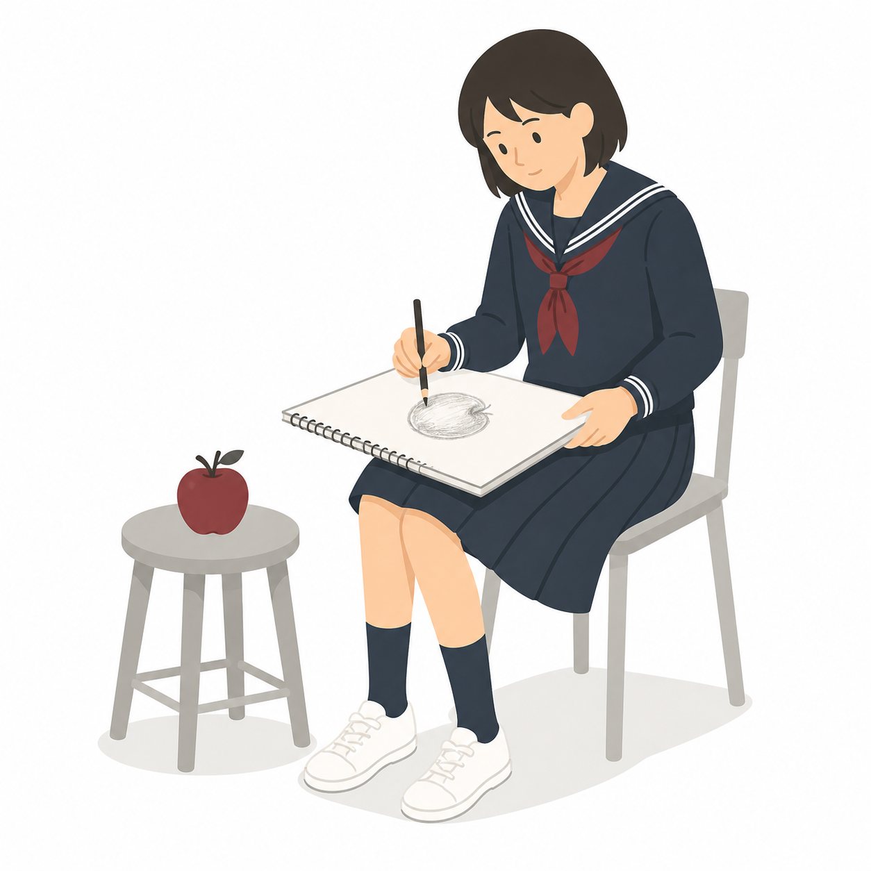 中学生・美術・スケッチする女子（セーラー服）。りんごをスケッチする女子中学生。輪郭線なしのフラットイラスト。制服は黒学ラン×紺セーラーのシリーズ共通デザインなので、同じシリーズの素材と組み合わせても同じ学校の場面になります。