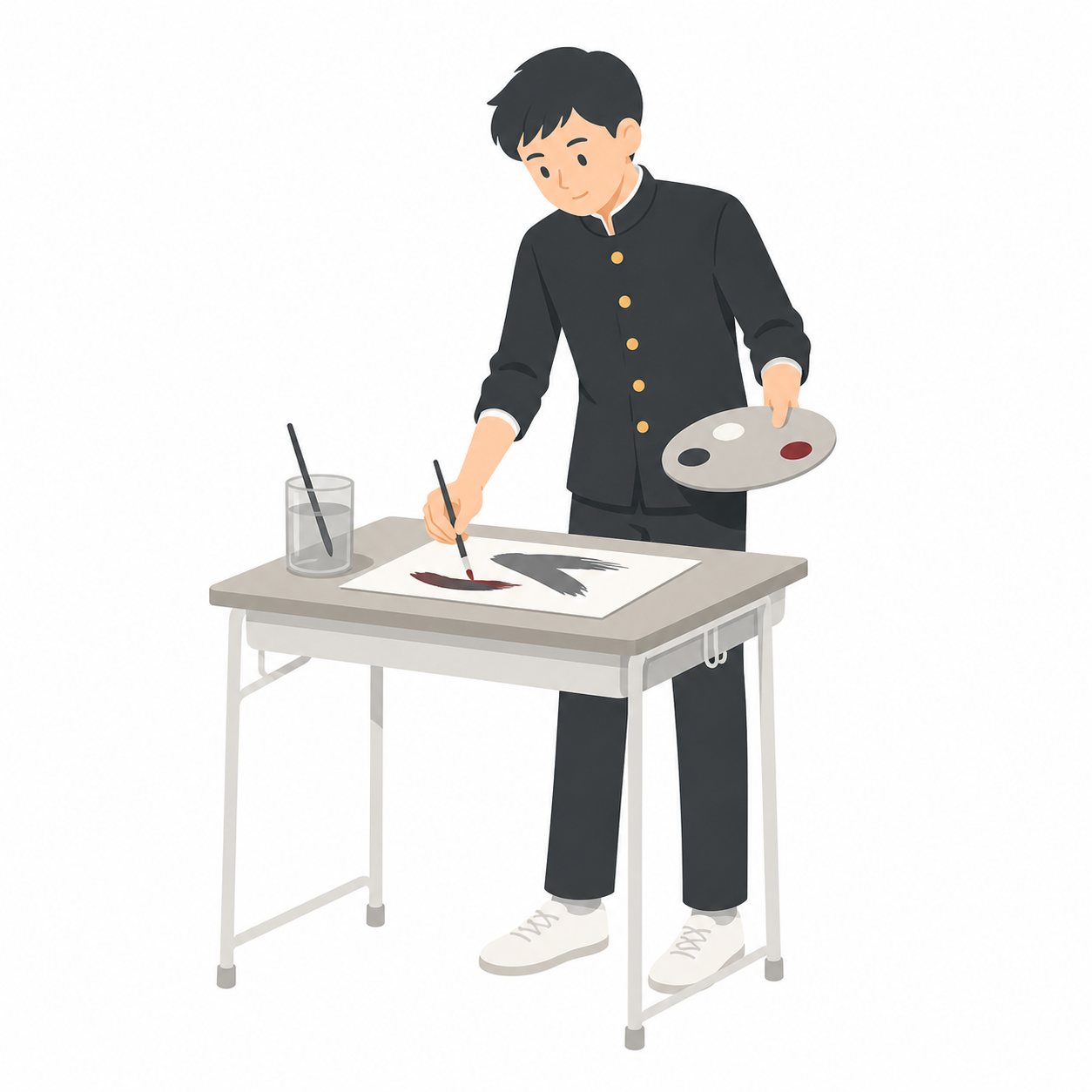 中学生・美術・絵の具で描く男子(学ラン)。絵の具で絵を描く男子中学生。輪郭線なしのフラットイラスト。制服は黒学ラン×紺セーラーのシリーズ共通デザインなので、同じシリーズの素材と組み合わせても同じ学校の場面になります。