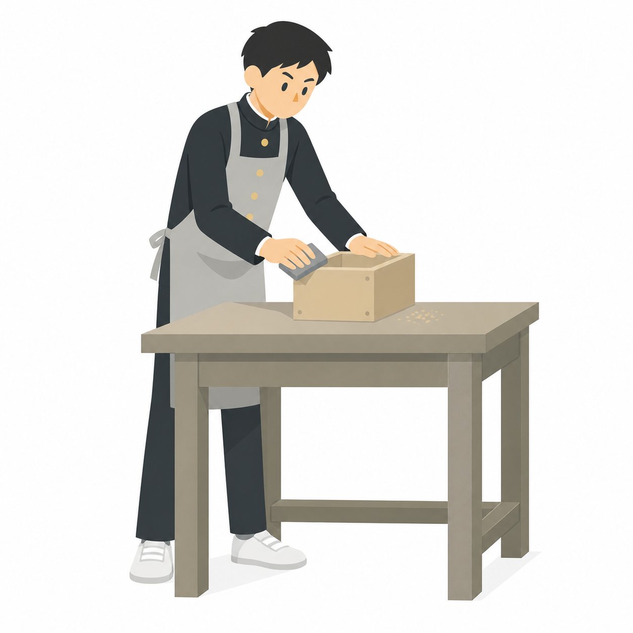 中学生・技術・木工でやすりがけする男子（学ラン）。木の箱をやすりがけする男子中学生。輪郭線なしのフラットイラスト。制服は黒学ラン×紺セーラーのシリーズ共通デザインなので、同じシリーズの素材と組み合わせても同じ学校の場面になります。