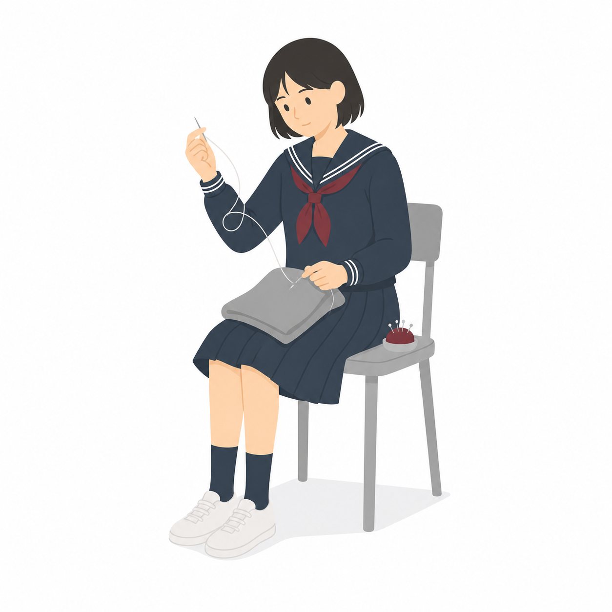 中学生・家庭科・手縫いする女子（セーラー服）。手縫いの練習をする女子中学生。輪郭線なしのフラットイラスト。制服は黒学ラン×紺セーラーのシリーズ共通デザインなので、同じシリーズの素材と組み合わせても同じ学校の場面になります。