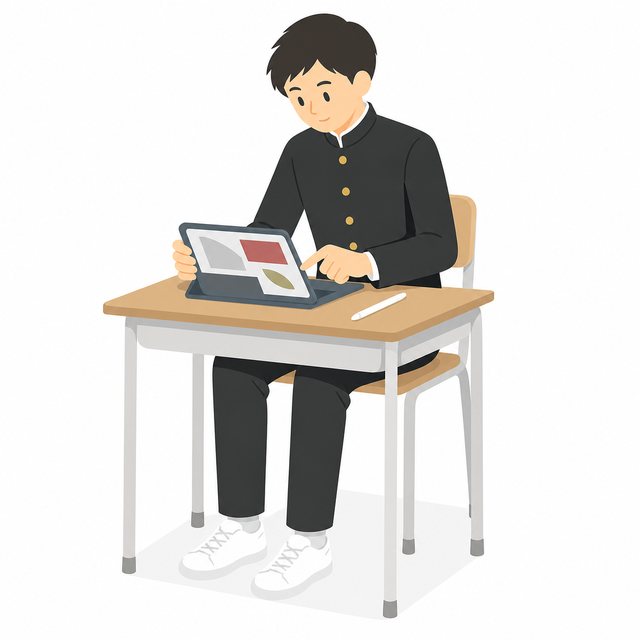 中学生・タブレットで学ぶ男子（学ラン）