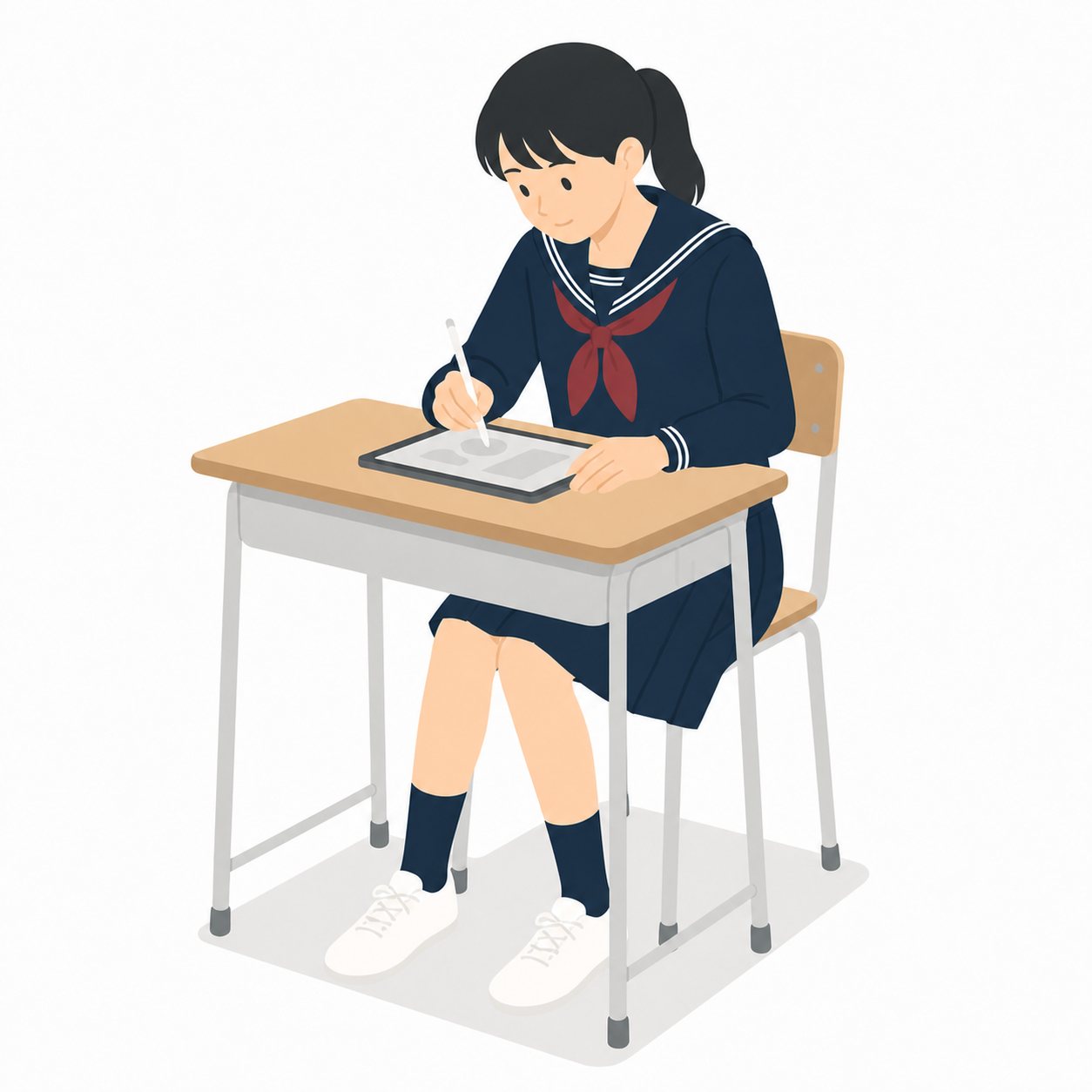 中学生・タブレットに書き込む女子(セーラー服)。スタイラスでタブレットに書く女子中学生。輪郭線なしのフラットイラスト。制服は黒学ラン×紺セーラーのシリーズ共通デザインなので、同じシリーズの素材と組み合わせても同じ学校の場面になります。