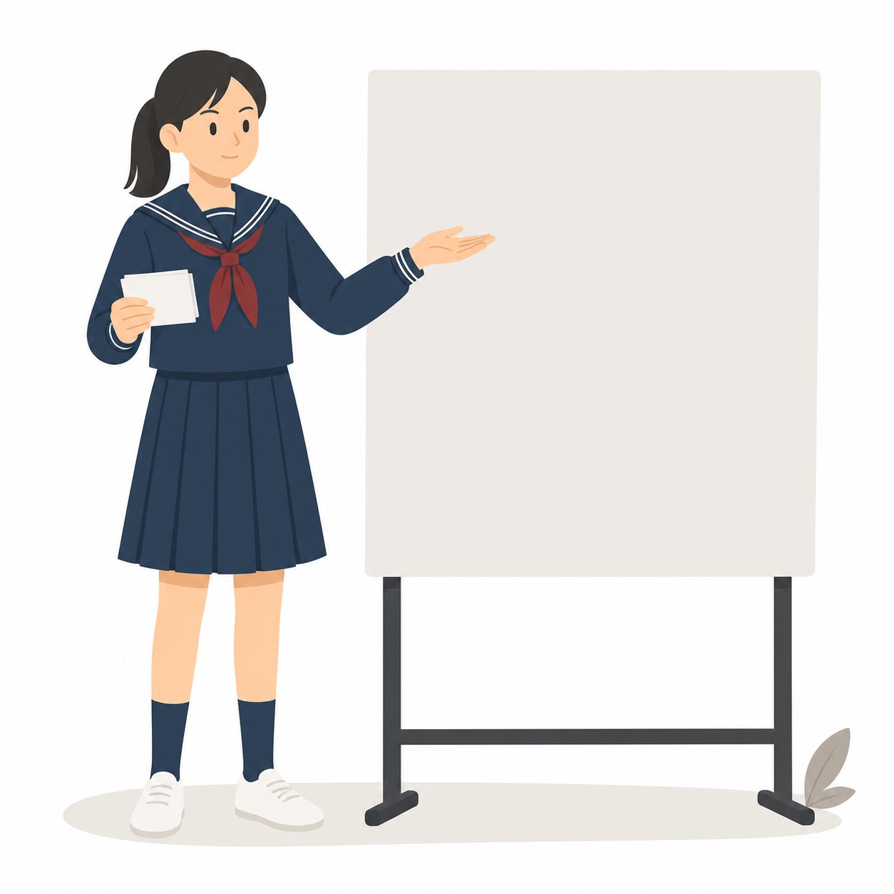 中学生・前に立って発表する女子(セーラー服)。みんなの前で発表する女子中学生。輪郭線なしのフラットイラスト。制服は黒学ラン×紺セーラーのシリーズ共通デザインなので、同じシリーズの素材と組み合わせても同じ学校の場面になります。