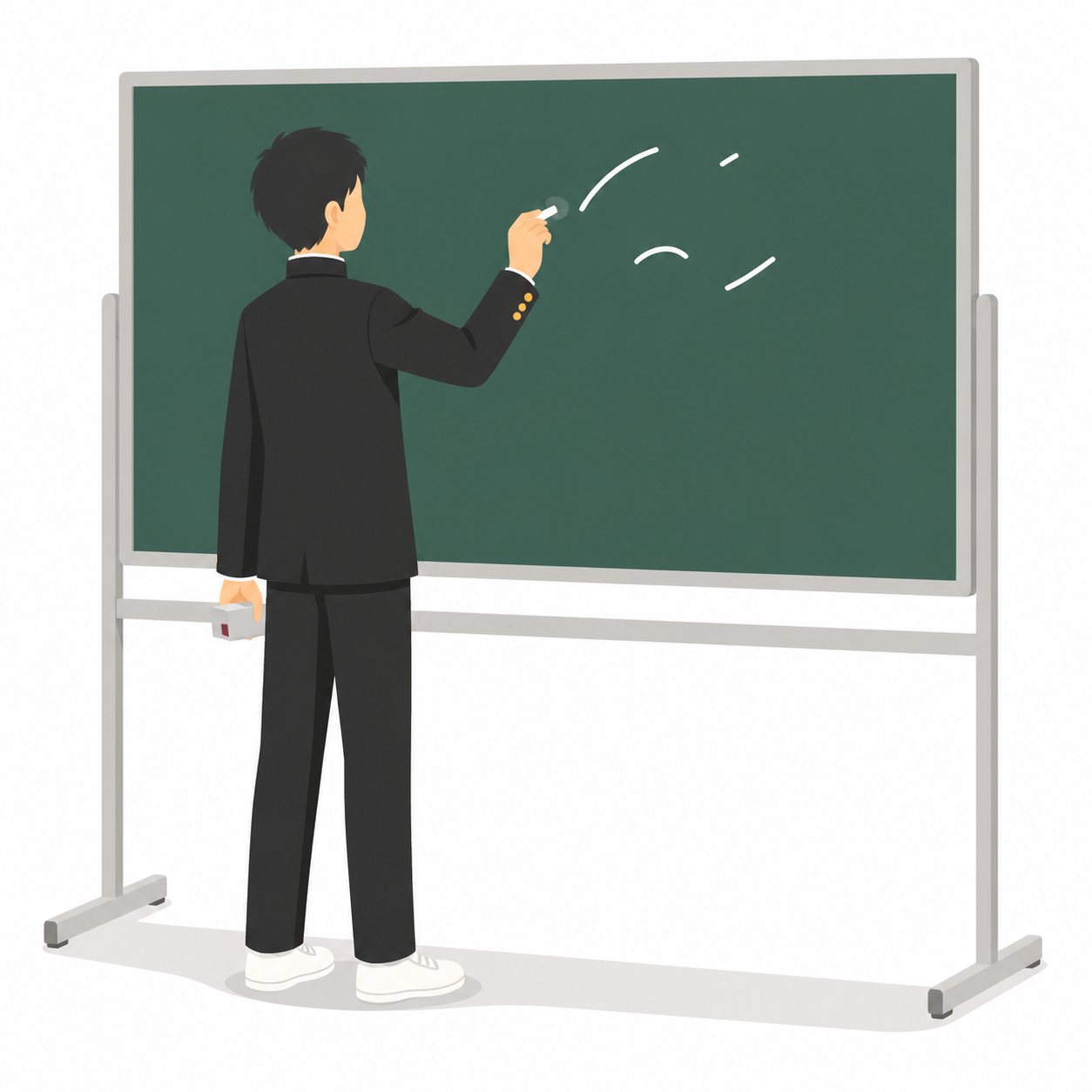 中学生・黒板の前で解く男子（学ラン）。黒板に向かって書く男子中学生（後ろ姿）。輪郭線なしのフラットイラスト。制服は黒学ラン×紺セーラーのシリーズ共通デザインなので、同じシリーズの素材と組み合わせても同じ学校の場面になります。