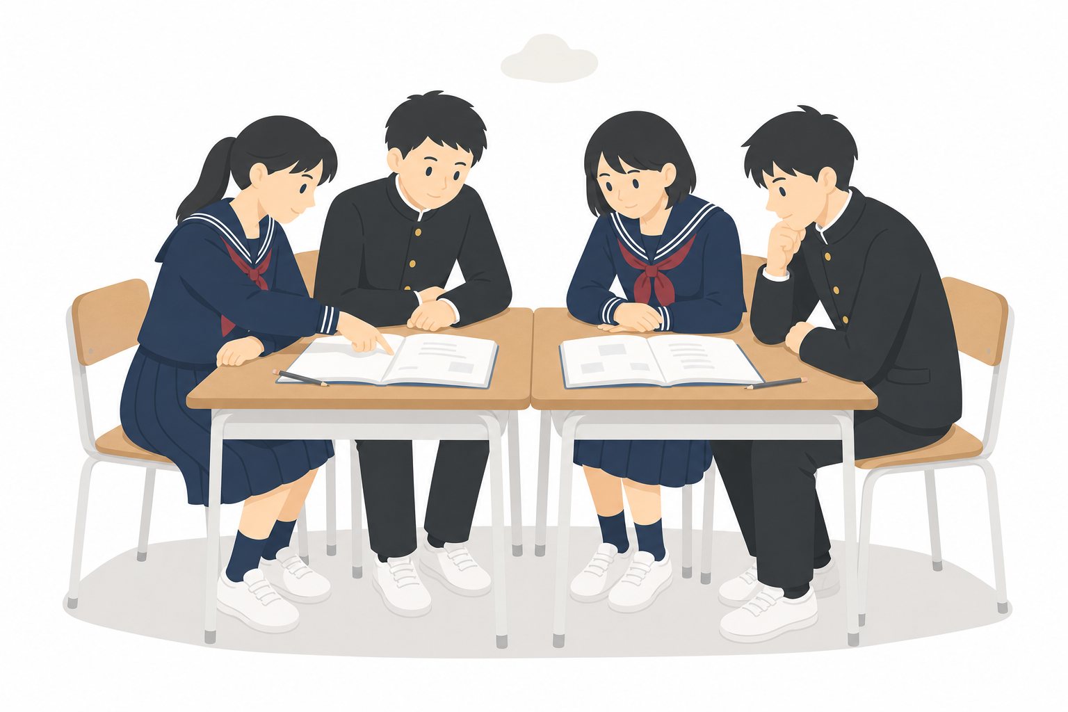 中学生・グループ学習（4人）（学ラン・セーラー服）。机を合わせて話し合う4人グループ。輪郭線なしのフラットイラスト。制服は黒学ラン×紺セーラーのシリーズ共通デザインなので、同じシリーズの素材と組み合わせても同じ学校の場面になります。