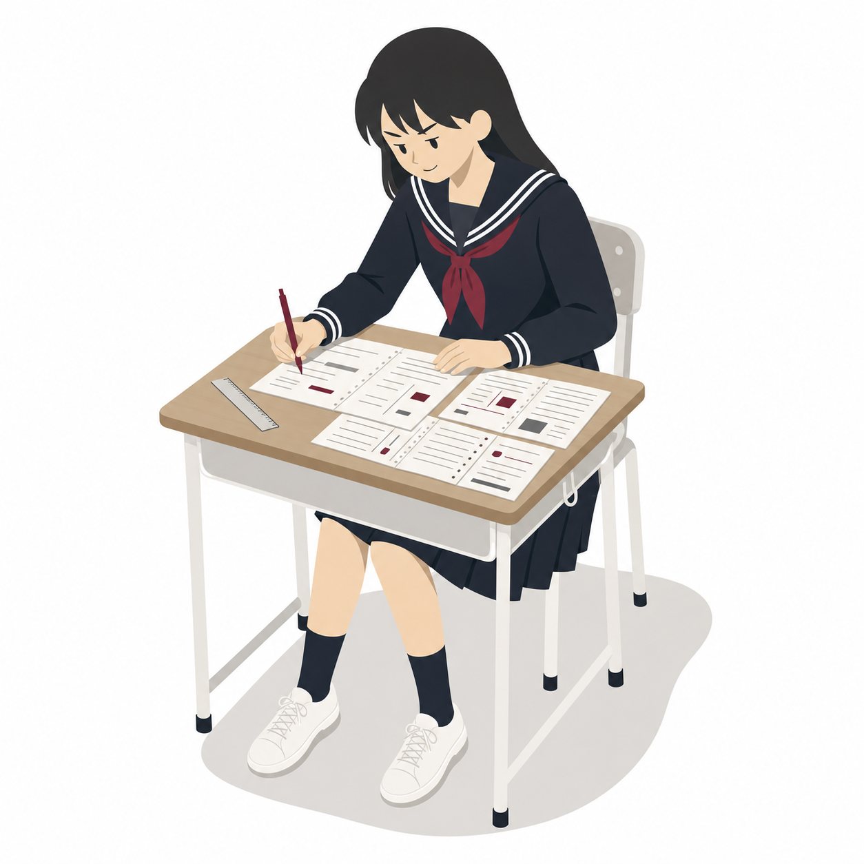 中学生・ノートまとめをする女子（セーラー服）。ノートをていねいにまとめる女子中学生。輪郭線なしのフラットイラスト。制服は黒学ラン×紺セーラーのシリーズ共通デザインなので、同じシリーズの素材と組み合わせても同じ学校の場面になります。
