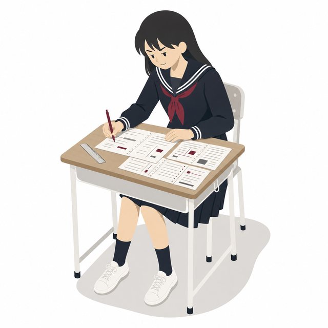 中学生・ノートまとめをする女子（セーラー服）
