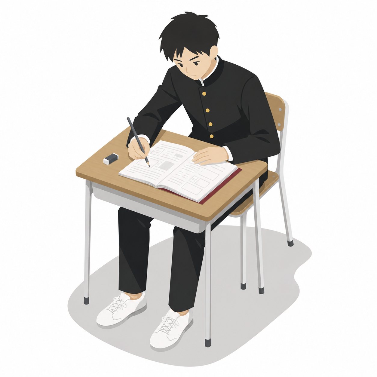 中学生・ドリルに取り組む男子(学ラン)。ワークに取り組む男子中学生。輪郭線なしのフラットイラスト。制服は黒学ラン×紺セーラーのシリーズ共通デザインなので、同じシリーズの素材と組み合わせても同じ学校の場面になります。