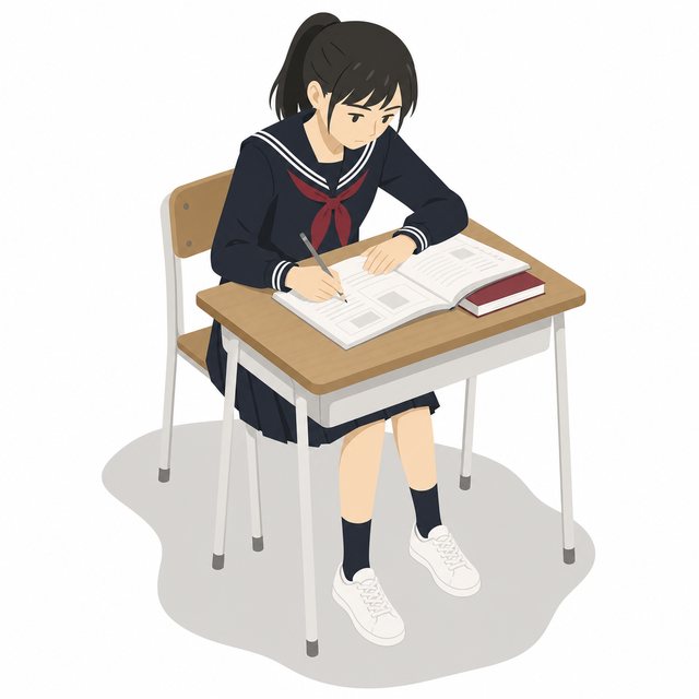 中学生・ワークを進める女子（セーラー服）