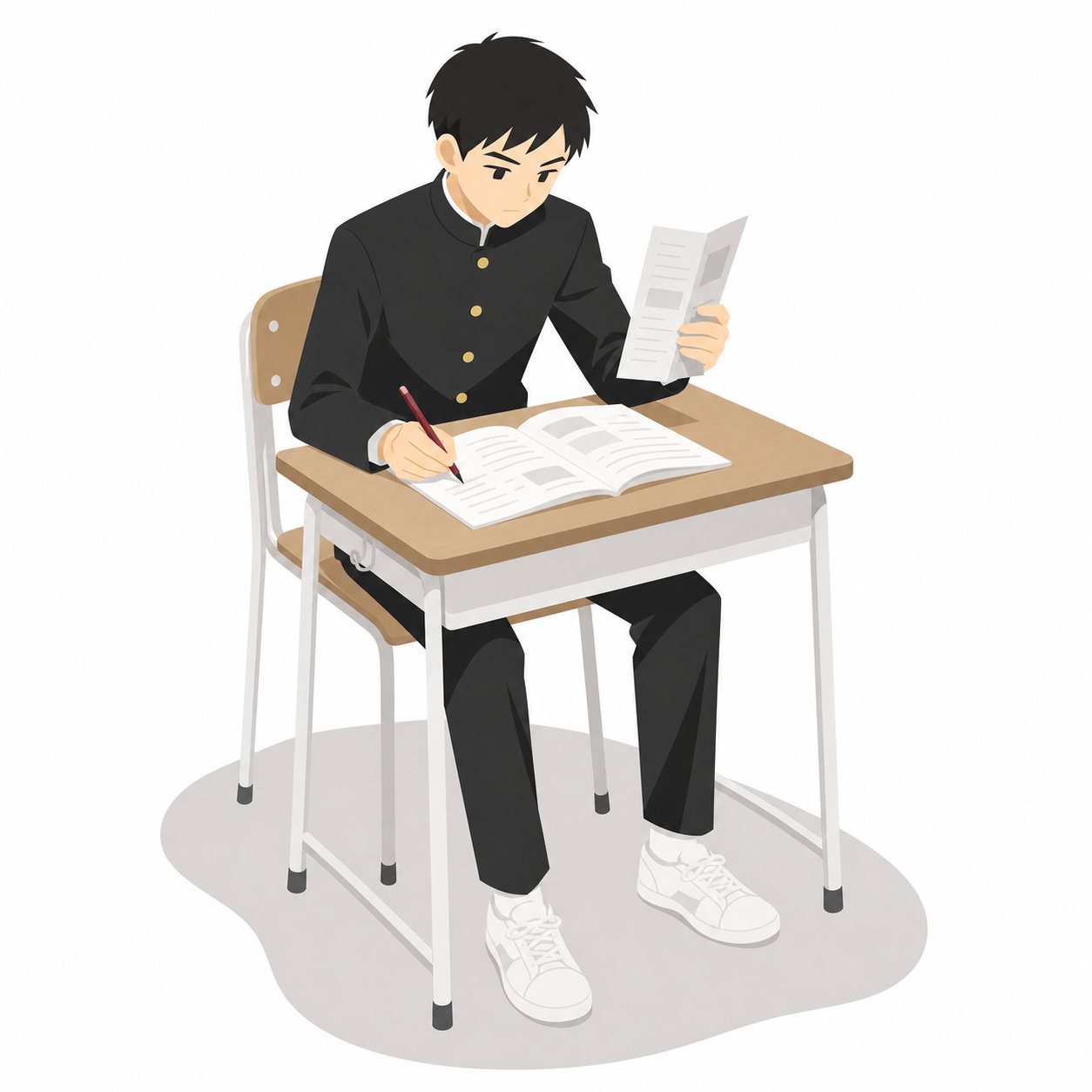 中学生・赤ペンで丸つけする男子（学ラン）。自分で丸つけをする男子中学生。輪郭線なしのフラットイラスト。制服は黒学ラン×紺セーラーのシリーズ共通デザインなので、同じシリーズの素材と組み合わせても同じ学校の場面になります。