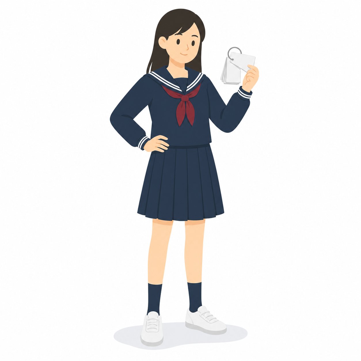 中学生・単語カードで覚える女子(セーラー服)。単語カードをめくる女子中学生。輪郭線なしのフラットイラスト。制服は黒学ラン×紺セーラーのシリーズ共通デザインなので、同じシリーズの素材と組み合わせても同じ学校の場面になります。