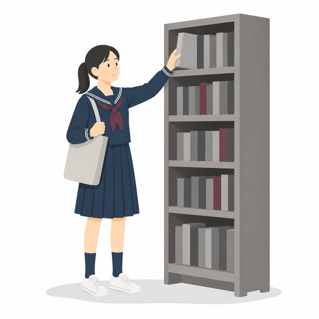 中学生・本棚から本を選ぶ女子（セーラー服）。本棚から本を選ぶ女子中学生。輪郭線なしのフラットイラスト。制服は黒学ラン×紺セーラーのシリーズ共通デザインなので、同じシリーズの素材と組み合わせても同じ学校の場面になります。