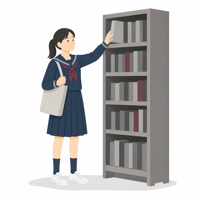 中学生・本棚から本を選ぶ女子（セーラー服）