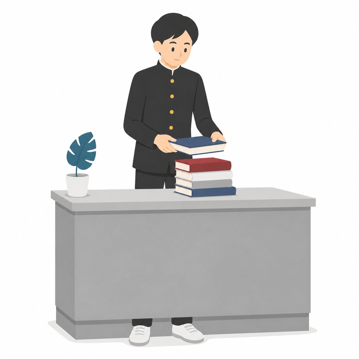 中学生・図書委員の男子（カウンター）（学ラン）。図書室カウンターで本を整える男子中学生。輪郭線なしのフラットイラスト。制服は黒学ラン×紺セーラーのシリーズ共通デザインなので、同じシリーズの素材と組み合わせても同じ学校の場面になります。
