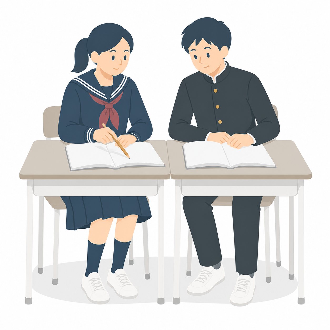中学生・教え合いをする男女（学ラン・セーラー服）。ノートを見せ合って教え合う男女。輪郭線なしのフラットイラスト。制服は黒学ラン×紺セーラーのシリーズ共通デザインなので、同じシリーズの素材と組み合わせても同じ学校の場面になります。
