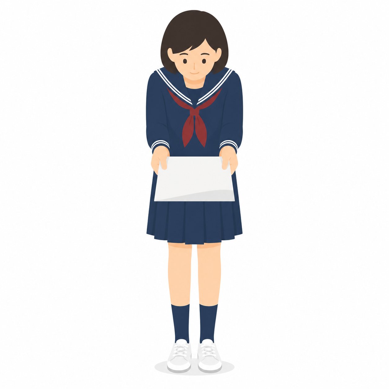 中学生・プリントを提出する女子(セーラー服)。両手でプリントを提出する女子中学生。輪郭線なしのフラットイラスト。制服は黒学ラン×紺セーラーのシリーズ共通デザインなので、同じシリーズの素材と組み合わせても同じ学校の場面になります。