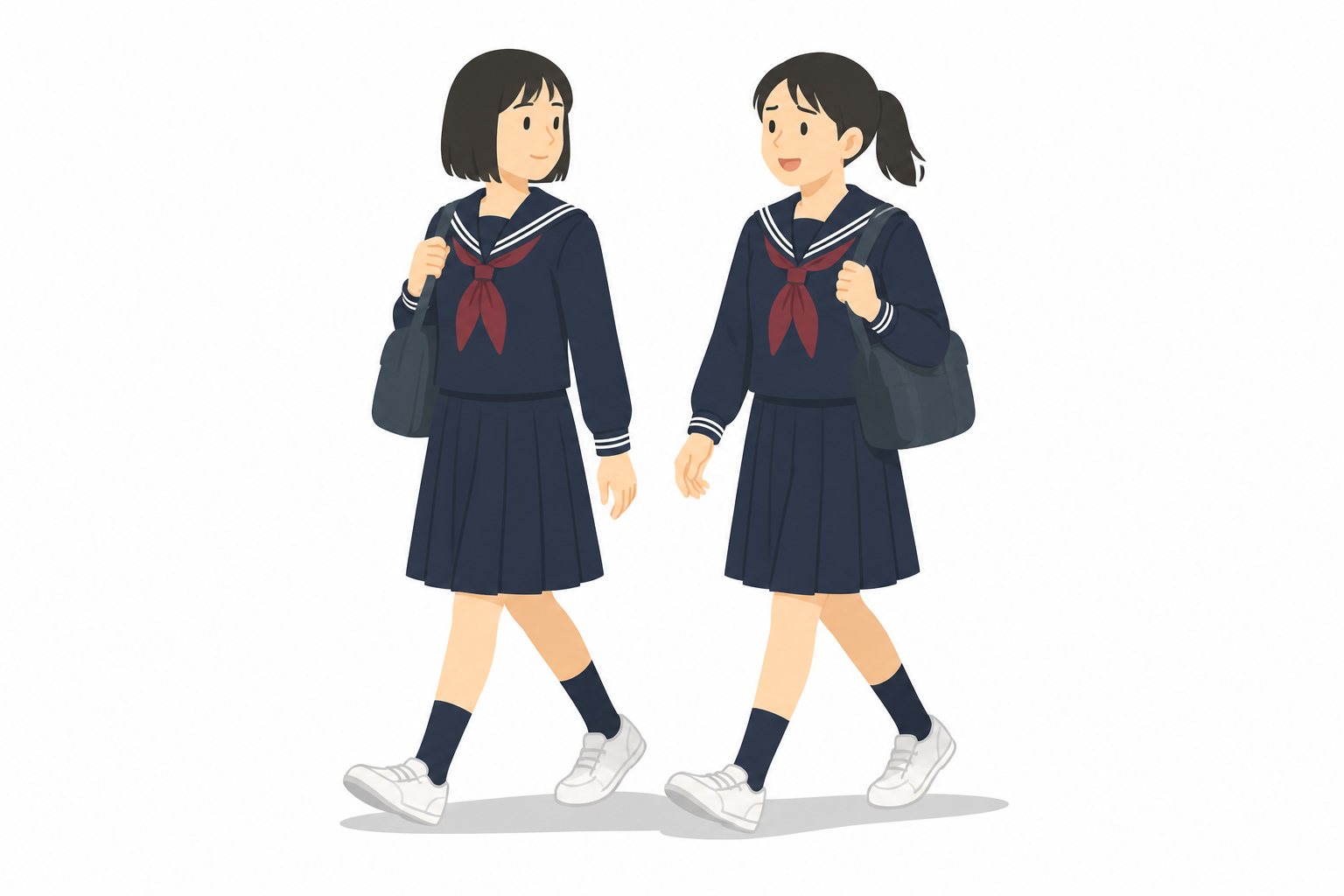 中学生・登校中に話す女子ふたり(セーラー服)。楽しく話しながら登校する女子ふたり。輪郭線なしのフラットイラスト。制服は黒学ラン×紺セーラーのシリーズ共通デザインなので、同じシリーズの素材と組み合わせても同じ学校の場面になります。