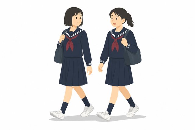 中学生・登校中に話す女子ふたり（セーラー服）