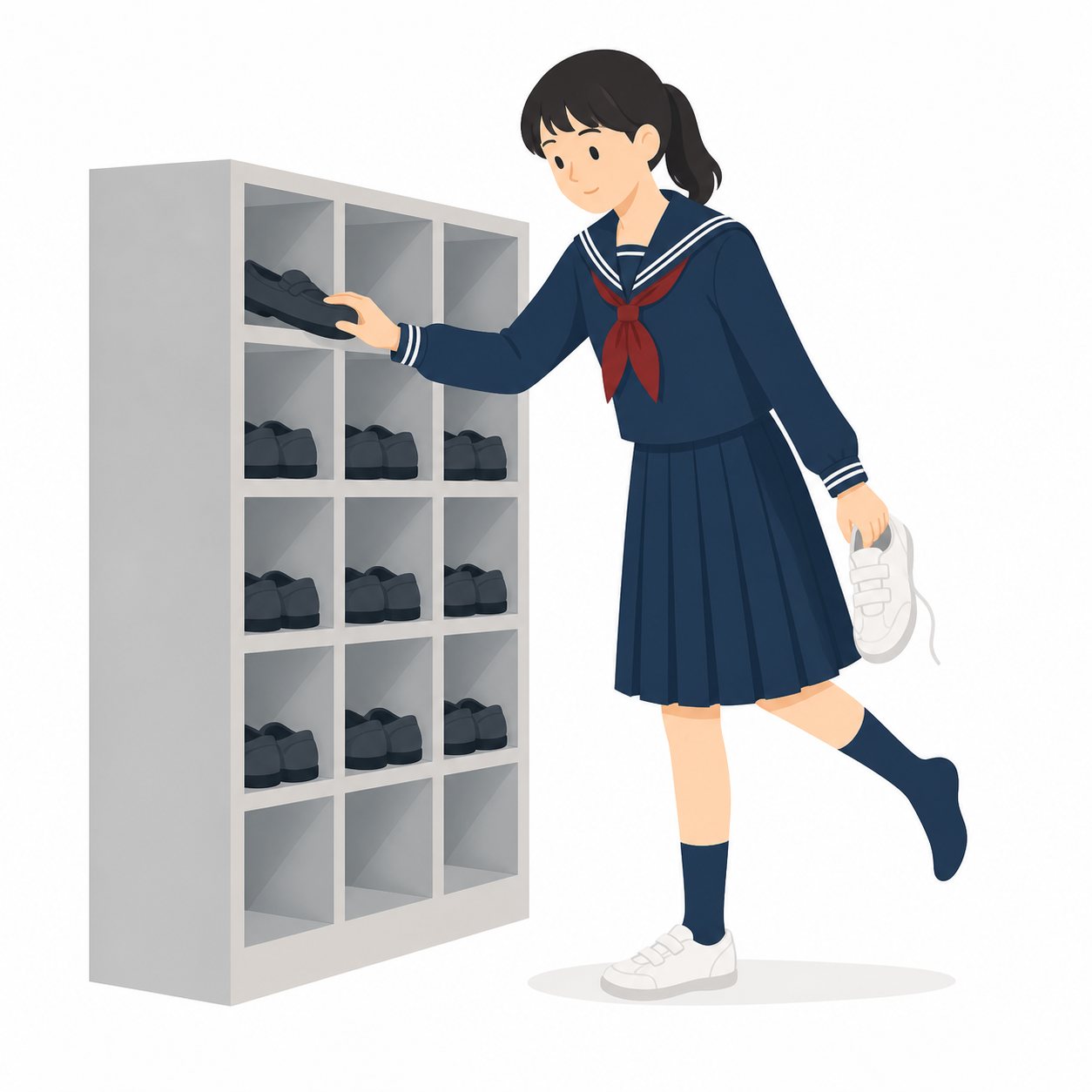 中学生・靴箱で履き替える女子(セーラー服)。靴箱で上履きに履き替える女子中学生。輪郭線なしのフラットイラスト。制服は黒学ラン×紺セーラーのシリーズ共通デザインなので、同じシリーズの素材と組み合わせても同じ学校の場面になります。