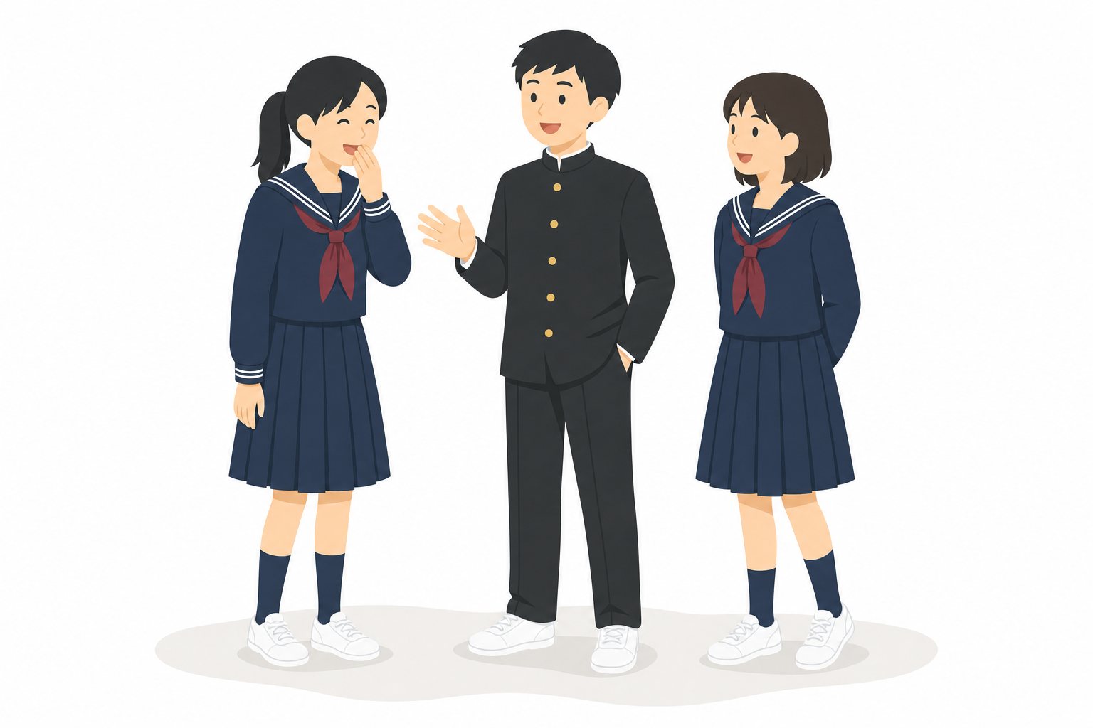 中学生・休み時間に談笑する3人（学ラン・セーラー服）。楽しく談笑する3人組。輪郭線なしのフラットイラスト。制服は黒学ラン×紺セーラーのシリーズ共通デザインなので、同じシリーズの素材と組み合わせても同じ学校の場面になります。