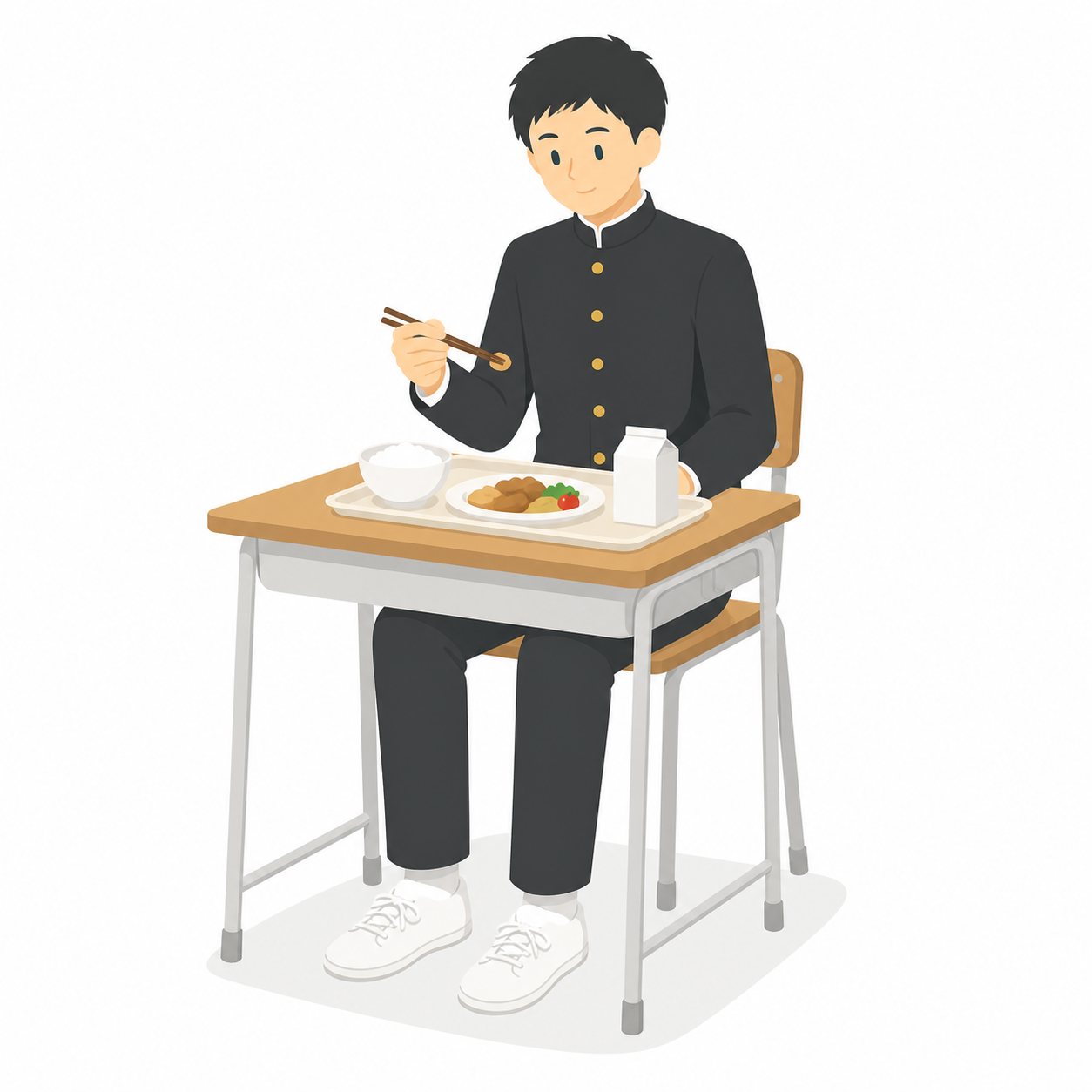 中学生・給食を食べる男子(学ラン)。給食を食べる男子中学生。輪郭線なしのフラットイラスト。制服は黒学ラン×紺セーラーのシリーズ共通デザインなので、同じシリーズの素材と組み合わせても同じ学校の場面になります。