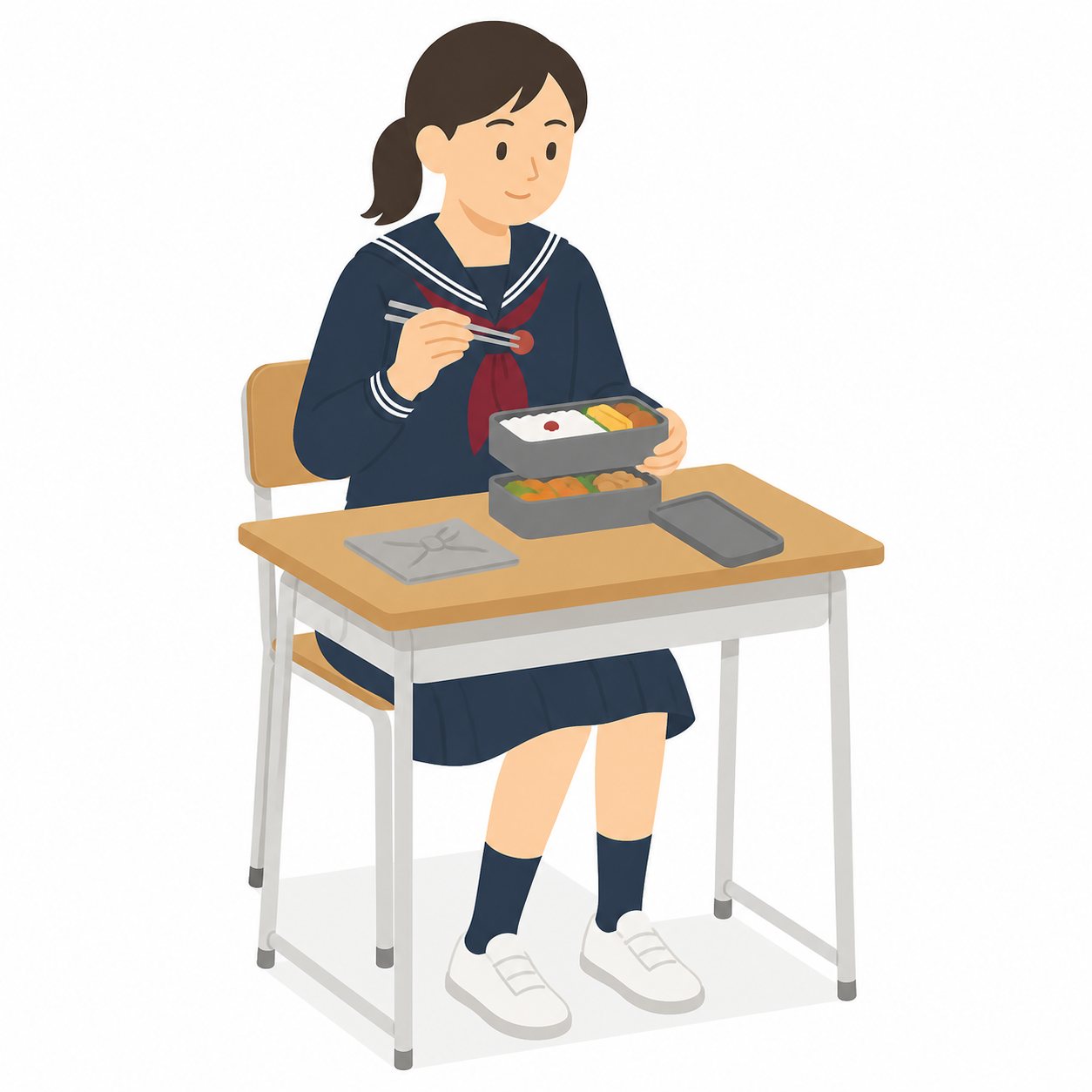 中学生・お弁当を食べる女子（セーラー服）。お弁当を食べる女子中学生。輪郭線なしのフラットイラスト。制服は黒学ラン×紺セーラーのシリーズ共通デザインなので、同じシリーズの素材と組み合わせても同じ学校の場面になります。