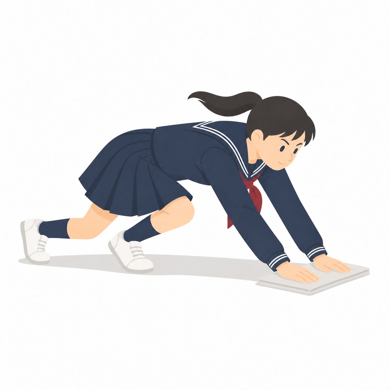 中学生・ぞうきんがけする女子(セーラー服)。ぞうきんがけをする女子中学生。輪郭線なしのフラットイラスト。制服は黒学ラン×紺セーラーのシリーズ共通デザインなので、同じシリーズの素材と組み合わせても同じ学校の場面になります。
