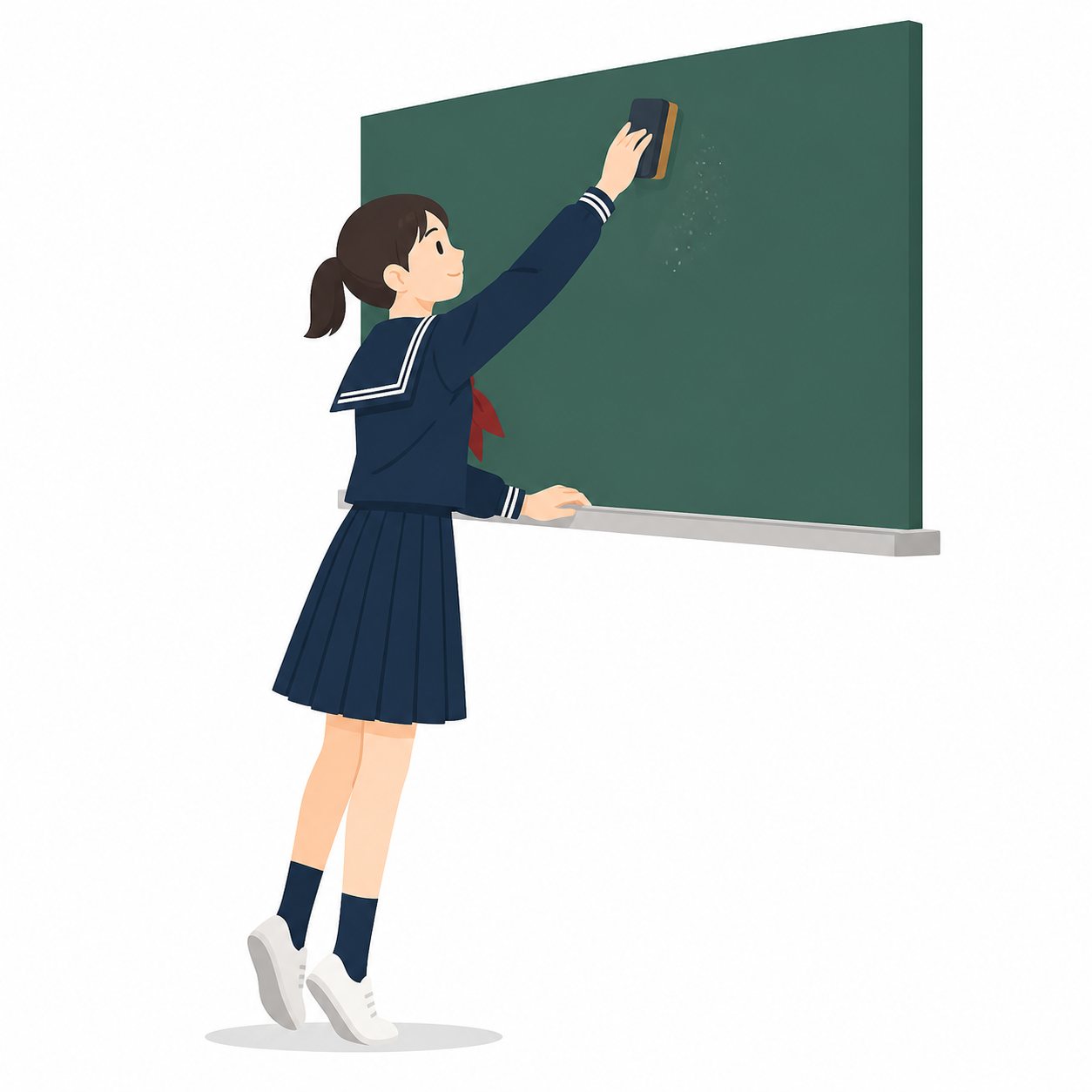 中学生・黒板を消す女子（セーラー服）。黒板をきれいにする女子中学生。輪郭線なしのフラットイラスト。制服は黒学ラン×紺セーラーのシリーズ共通デザインなので、同じシリーズの素材と組み合わせても同じ学校の場面になります。