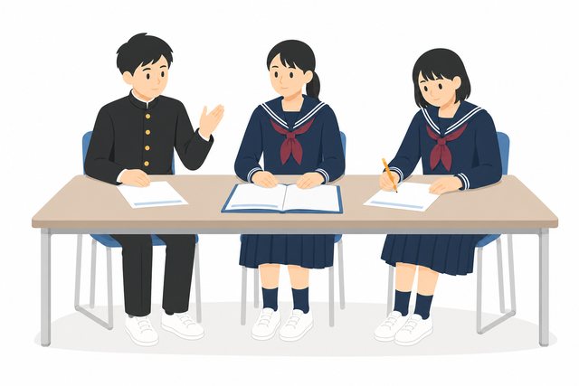 中学生・委員会で話し合う3人（学ラン・セーラー服）