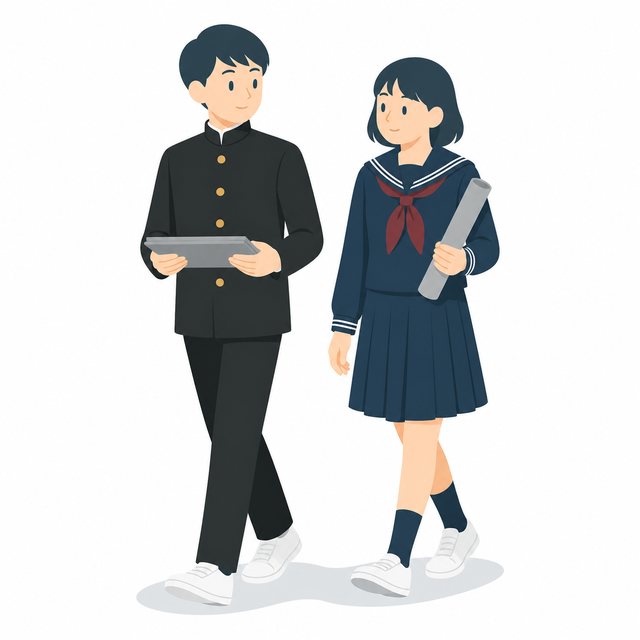 中学生・廊下を歩く男女（係の仕事）（学ラン・セーラー服）