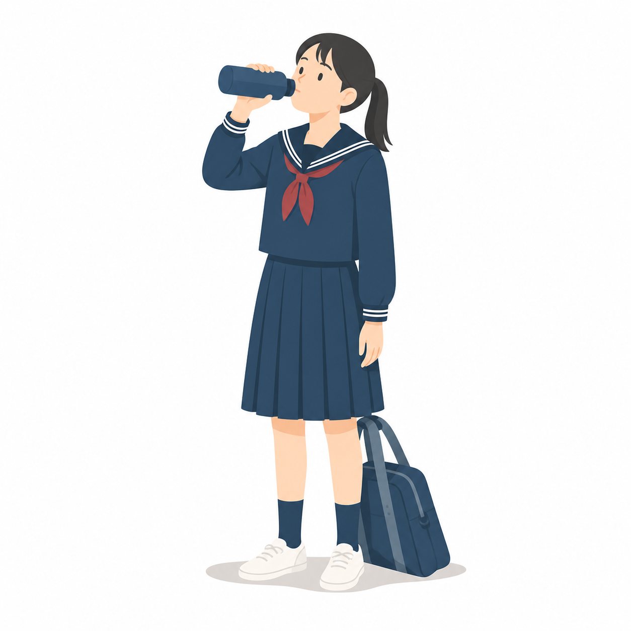 中学生・水分補給する女子(セーラー服)。水筒で水分補給する女子中学生。輪郭線なしのフラットイラスト。制服は黒学ラン×紺セーラーのシリーズ共通デザインなので、同じシリーズの素材と組み合わせても同じ学校の場面になります。