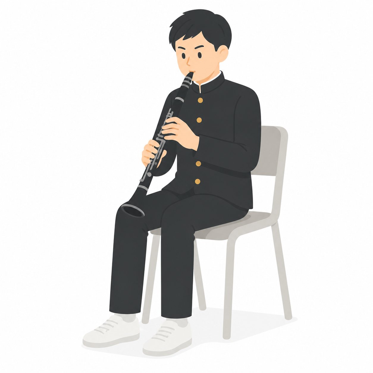 中学生・吹奏楽・クラリネットの男子（学ラン）。クラリネットを吹く男子。輪郭線なしのフラットイラスト。制服は黒学ラン×紺セーラーのシリーズ共通デザインなので、同じシリーズの素材と組み合わせても同じ学校の場面になります。