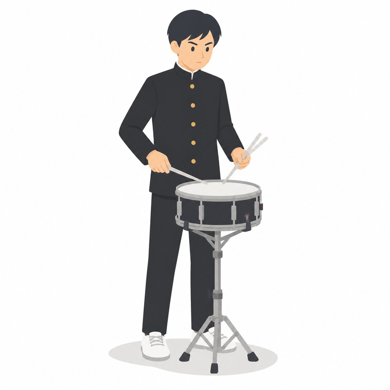 中学生・吹奏楽・打楽器の男子（学ラン）。スネアドラムをたたく男子。輪郭線なしのフラットイラスト。制服は黒学ラン×紺セーラーのシリーズ共通デザインなので、同じシリーズの素材と組み合わせても同じ学校の場面になります。