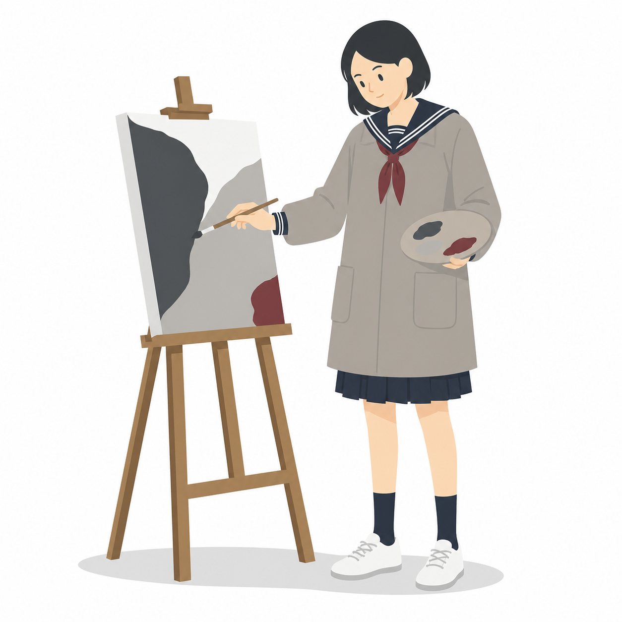 中学生・美術部・イーゼルで描く女子（セーラー服）。イーゼルで制作する女子。輪郭線なしのフラットイラスト。制服は黒学ラン×紺セーラーのシリーズ共通デザインなので、同じシリーズの素材と組み合わせても同じ学校の場面になります。