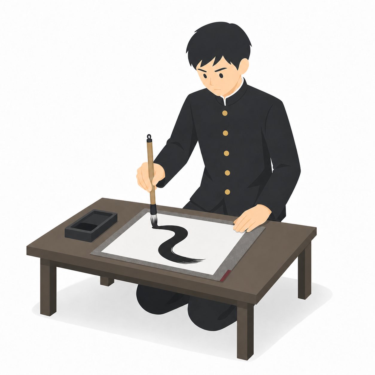 中学生・書道する男子（学ラン）。太筆で書く男子。輪郭線なしのフラットイラスト。制服は黒学ラン×紺セーラーのシリーズ共通デザインなので、同じシリーズの素材と組み合わせても同じ学校の場面になります。