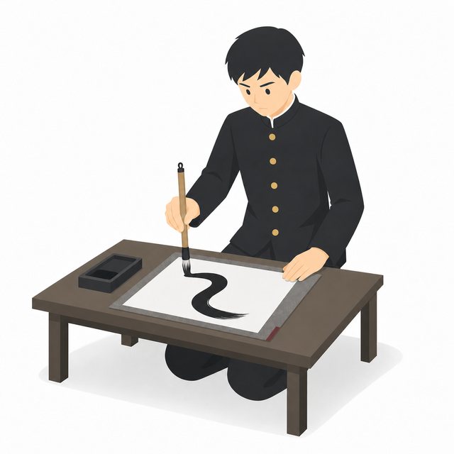 中学生・書道する男子（学ラン）