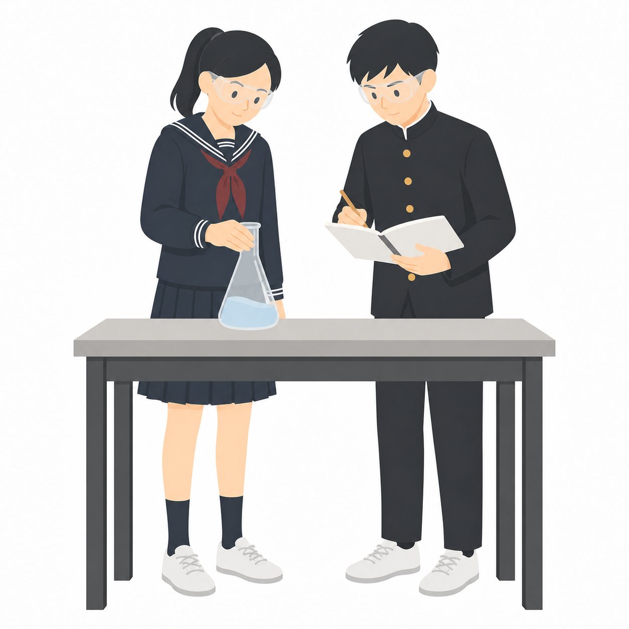中学生・科学部の観察（2人）（学ラン・セーラー服）。フラスコを観察する2人。輪郭線なしのフラットイラスト。制服は黒学ラン×紺セーラーのシリーズ共通デザインなので、同じシリーズの素材と組み合わせても同じ学校の場面になります。