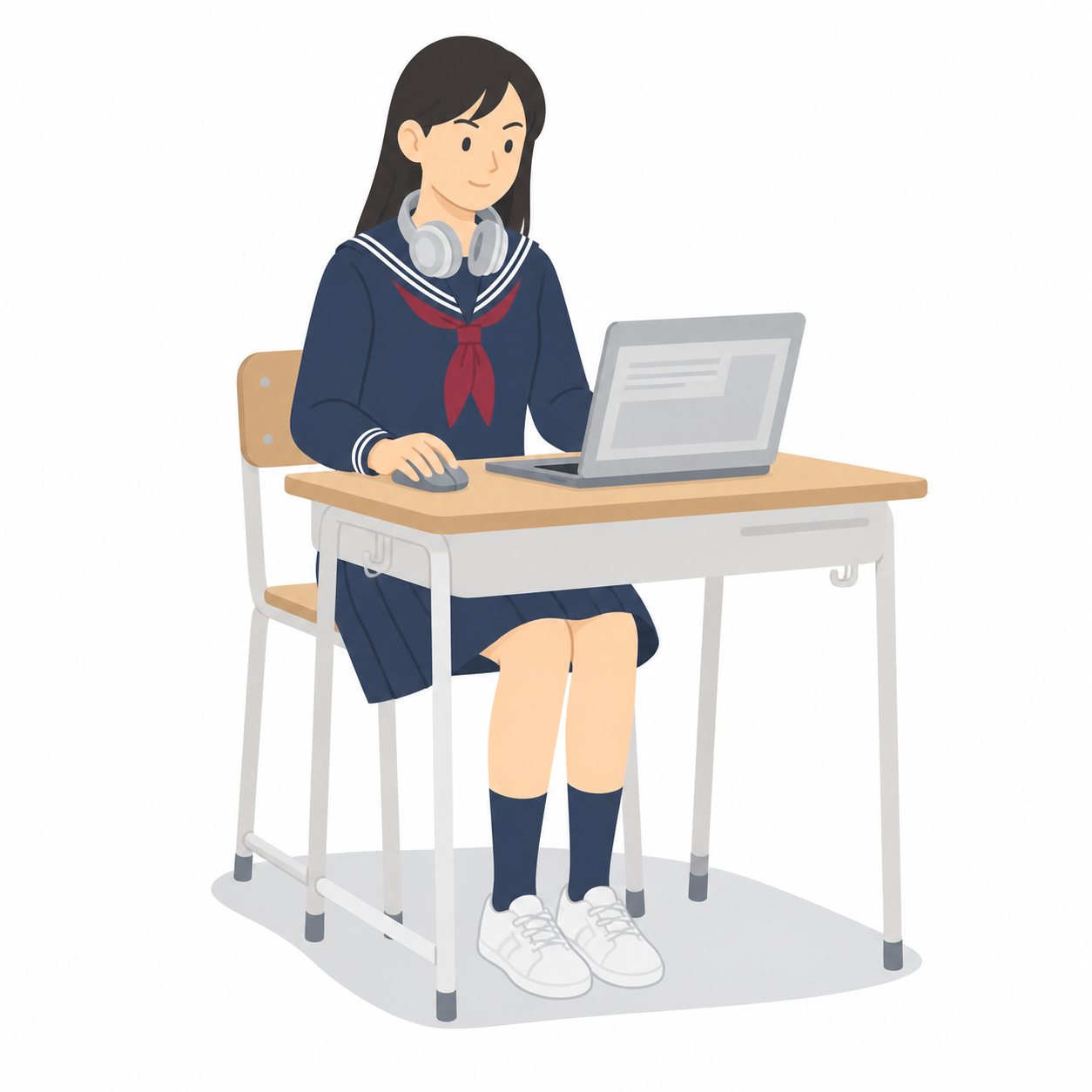 中学生・パソコン部の女子(セーラー服)。ノートPCで作業する女子。輪郭線なしのフラットイラスト。制服は黒学ラン×紺セーラーのシリーズ共通デザインなので、同じシリーズの素材と組み合わせても同じ学校の場面になります。