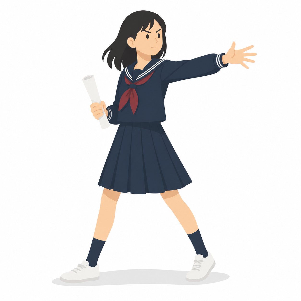 中学生・演劇部・けいこする女子(セーラー服)。せりふのけいこをする女子。輪郭線なしのフラットイラスト。制服は黒学ラン×紺セーラーのシリーズ共通デザインなので、同じシリーズの素材と組み合わせても同じ学校の場面になります。